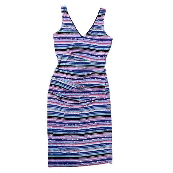 Nicole Miller Collection Wren Jungle Multicolored Striped Tuck Dress Size Small - Picture 10 of 16